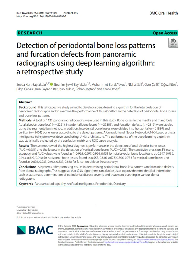 Panoramik Radyografilerden Derin Öğrenme Algoritması Kullanarak Periodontal Kemik Kaybı Desenleri ve Furkasyon Defektlerinin Tespiti: Retrospektif Bir Çalışma