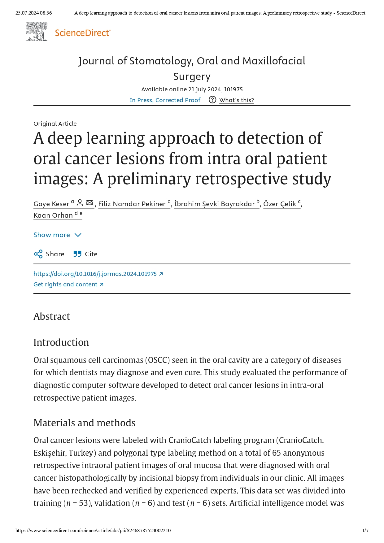 A Deep Learning Approach To Detection Of Oral Cancer Lesions From Intra Oral Patient Images: A Preliminary Retrospective Study