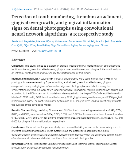Detection of tooth numbering, frenulum attachment, gingival overgrowth, and gingival inflammation signs on dental photographs using convolutional neural network algorithms: a retrospective study