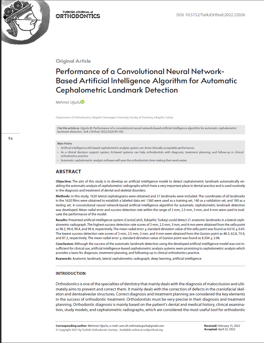 Performance of a Convolutional Neural NetworkBased Artificial Intelligence Algorithm for Automatic Cephalometric Landmark Detection