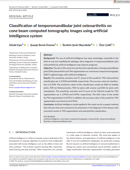 Classification of Temporomandibular Joint Osteoarthritis on Cone Beam Computed Tomography Images Using Artificial Intelligence System