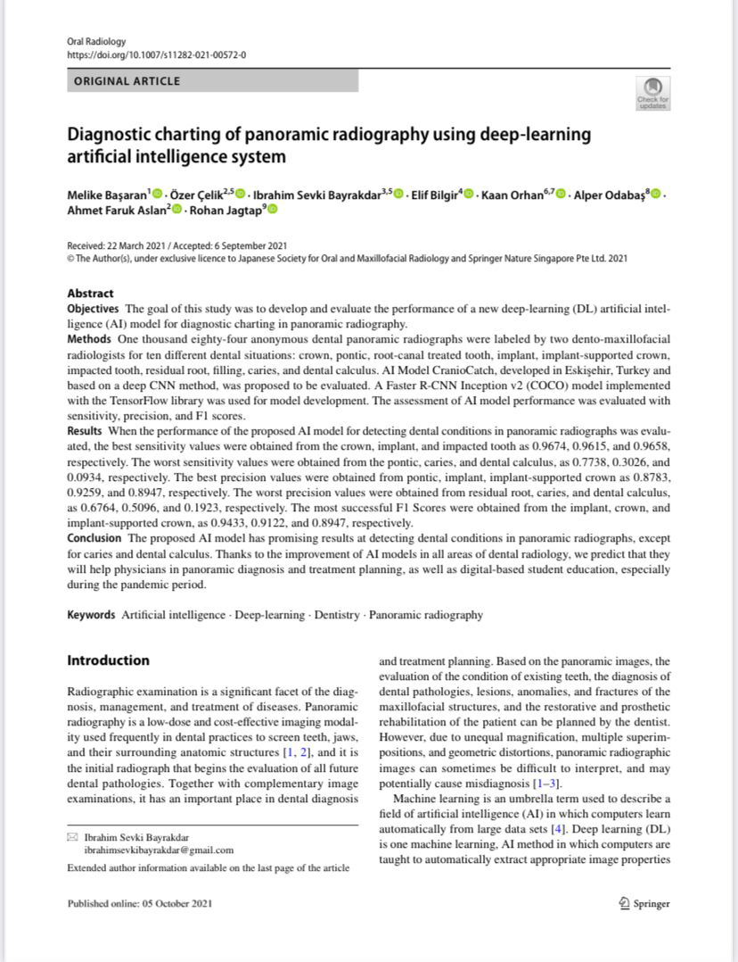 Diagnostic charting of panoramic radiography using deep-learning artificial intelligence system