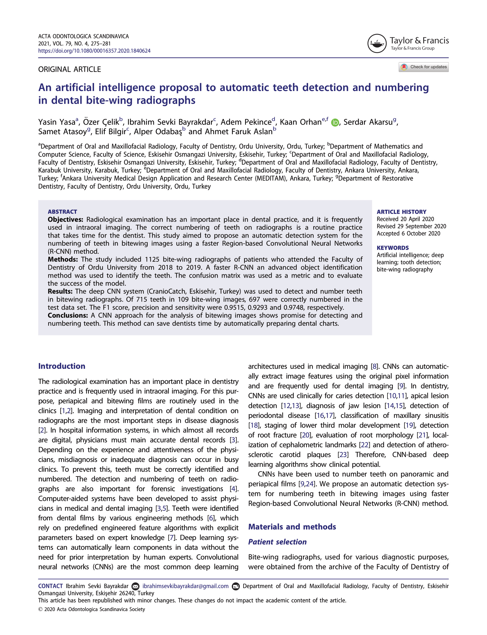 An artificial intelligence proposal to automatic teeth detection and numbering in dental bite-wing radiographs