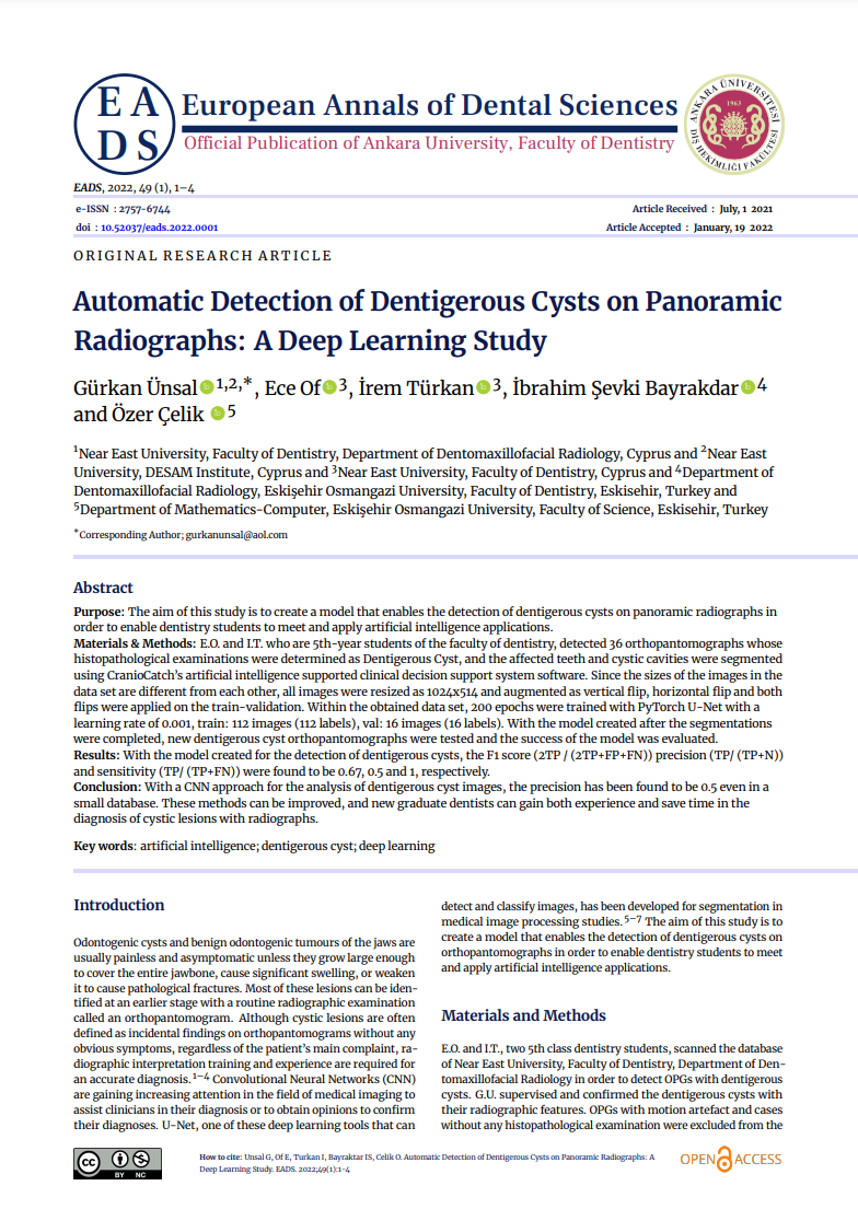 Automatic Detection of Dentigerous Cysts on Panoramic Radiographs: A Deep Learning Study