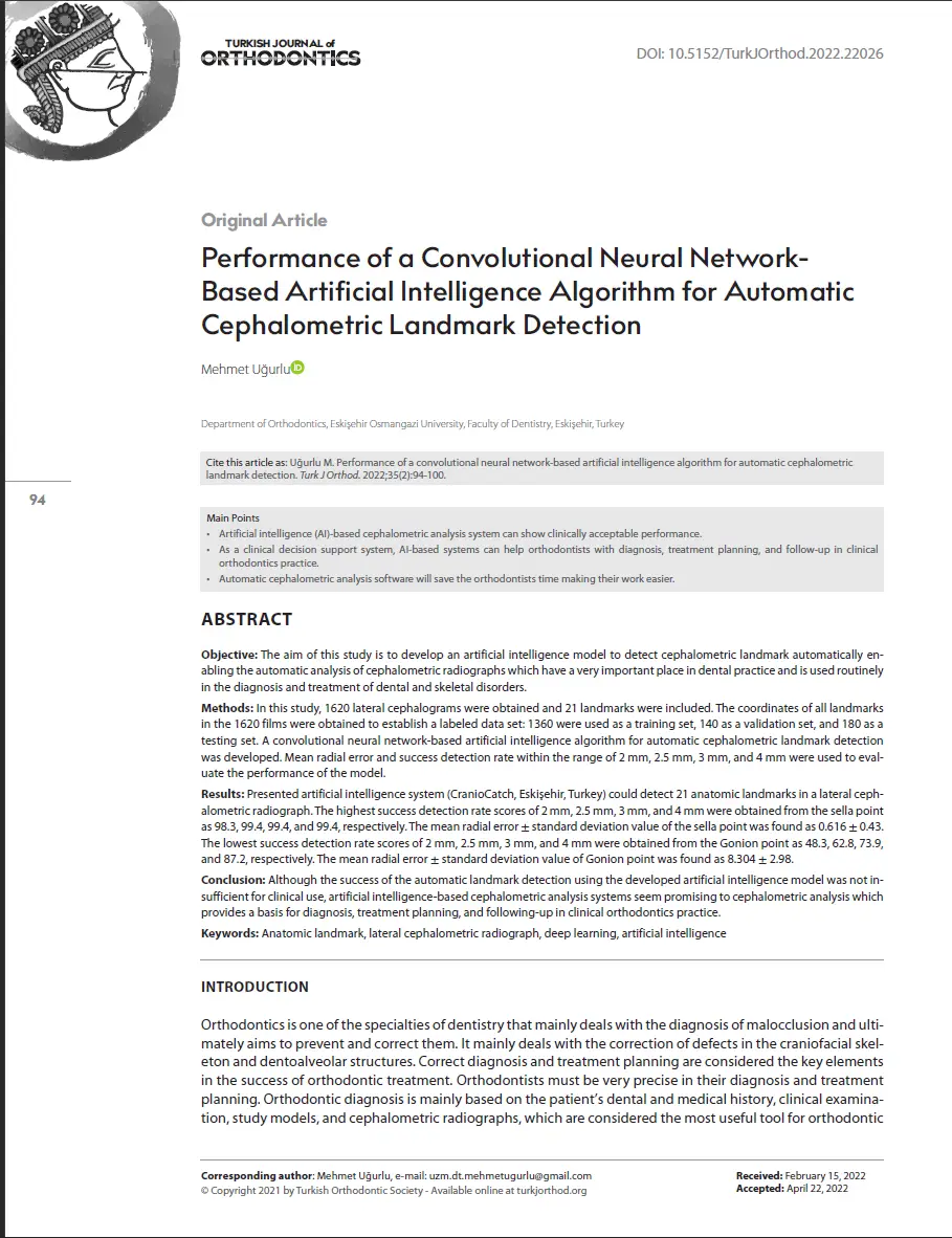 Performance of a Convolutional Neural NetworkBased Artificial Intelligence Algorithm for Automatic Cephalometric Landmark Detection