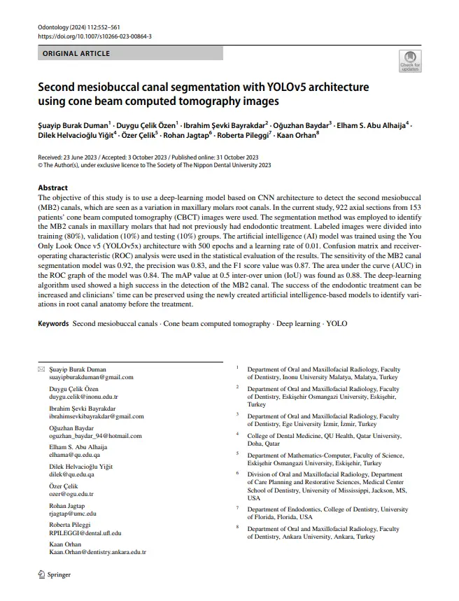 Second Mesiobuccal Canal Segmentation With Yolov5 Architecture Using Cone Beam Computed Tomography Images