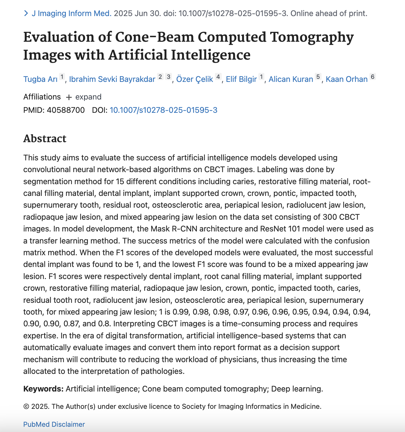 CBCT Görüntülerinin Yapay Zekâ ile Analizi ve Tanı