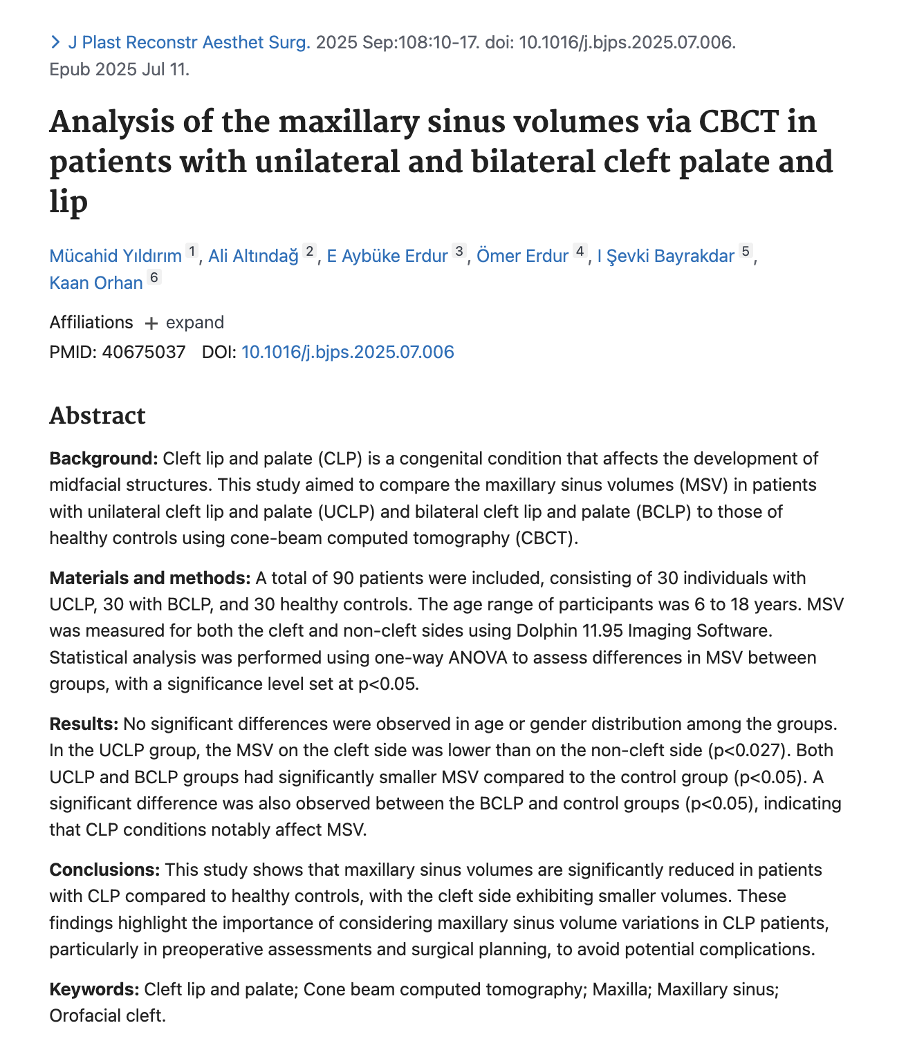 Dudak Damak Yarığında Sinüs Hacmi: CBCT Analizi