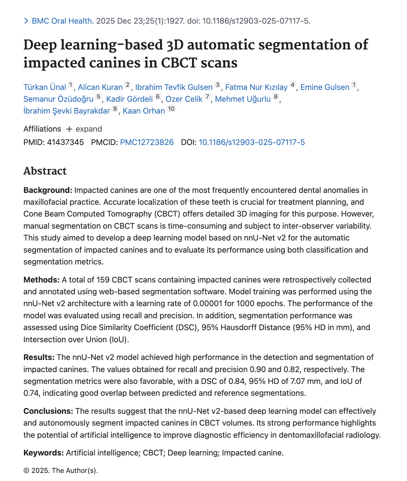 CBCT ile Gömülü Kanin Diş ve Yapay Zekâ