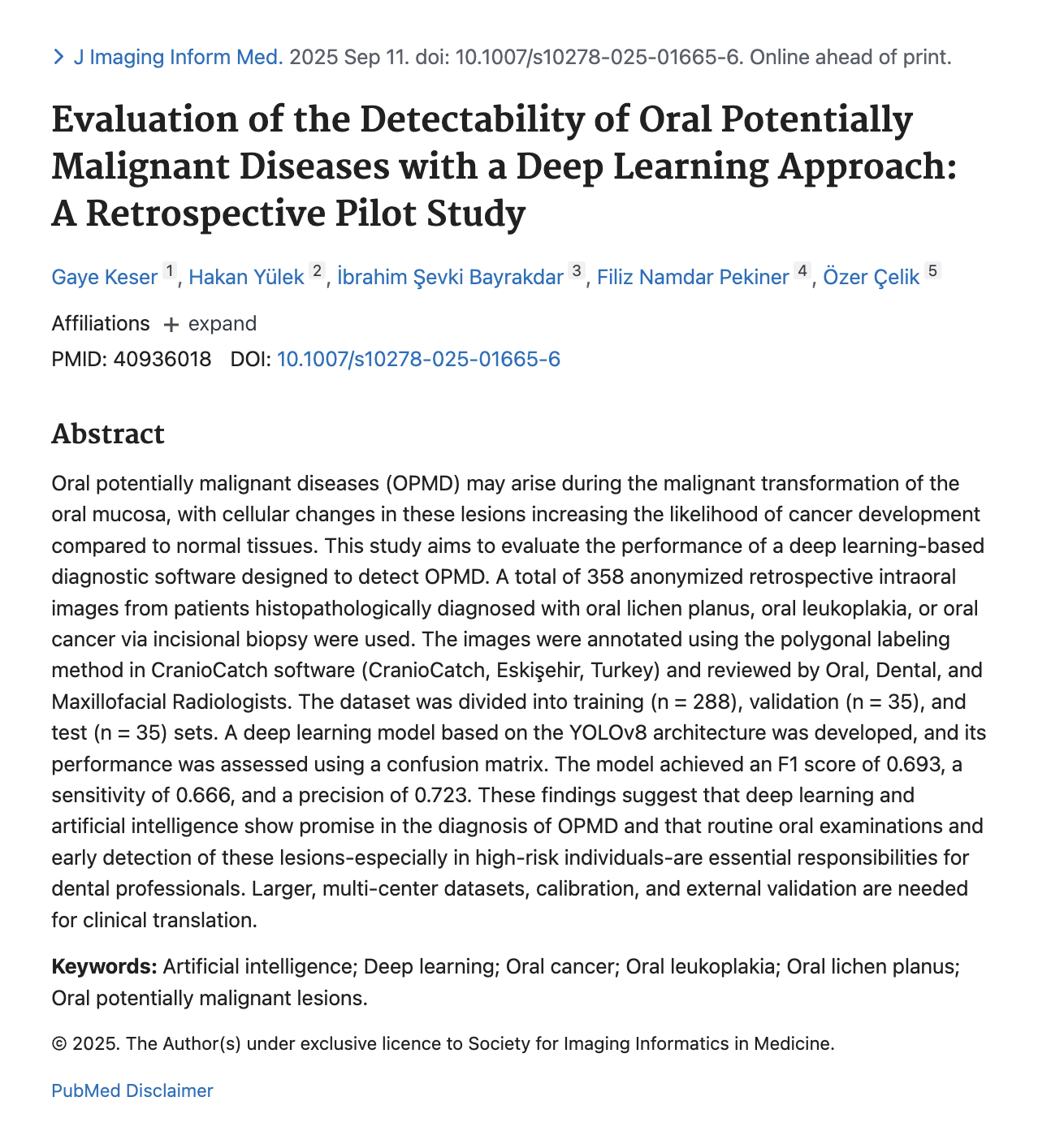 Yapay Zekâ ile OPMD ve Ağız Kanseri Tespiti