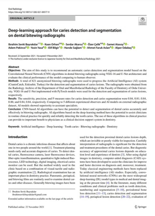 Dental bitewing radyografilerinde çürük tespiti ve segmentasyonu için derin öğrenme yaklaşımı