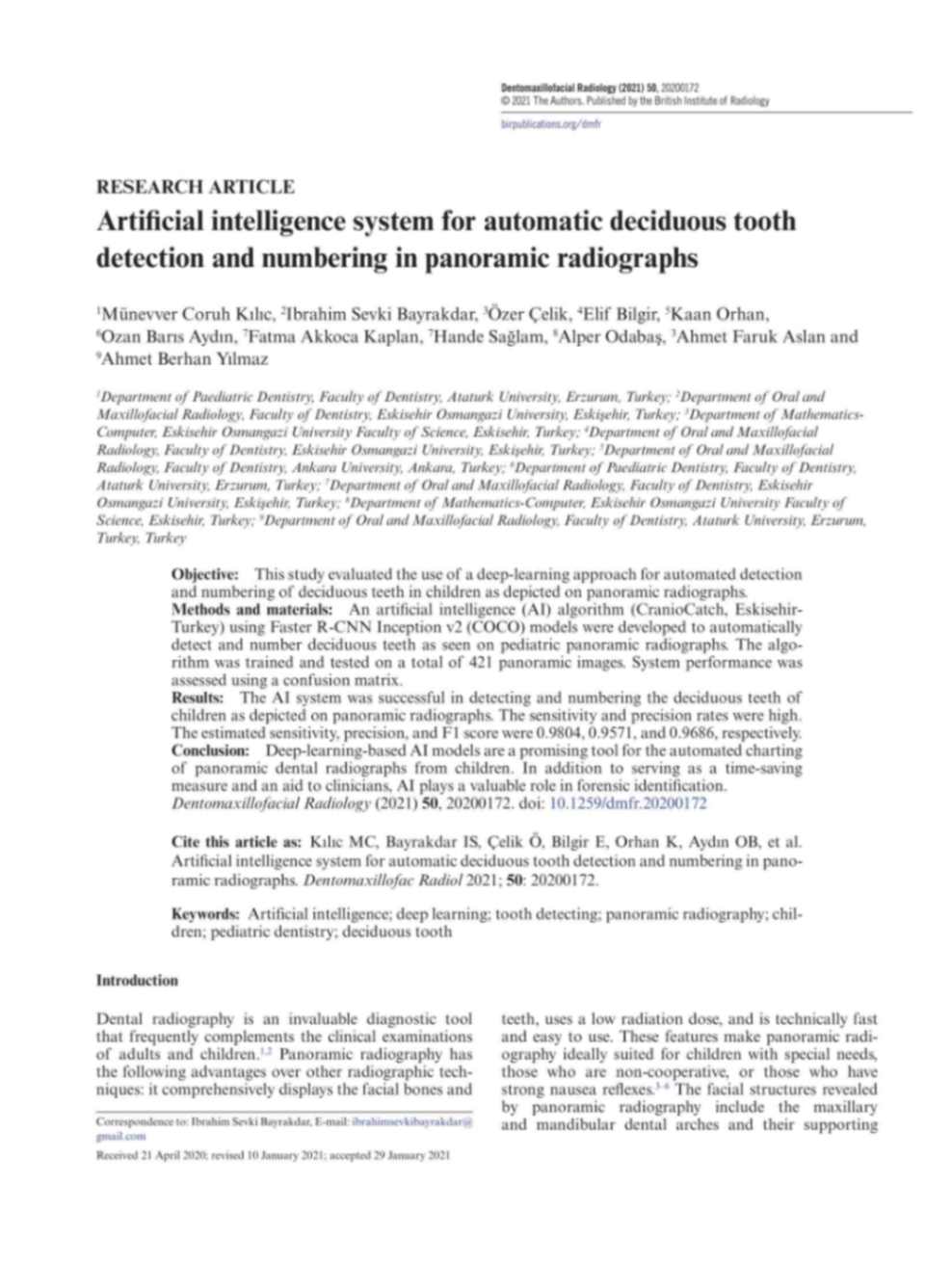 Artificial Intelligence System For Automatic Deciduous Tooth Detection And Numbering In Panoramic Radiographs