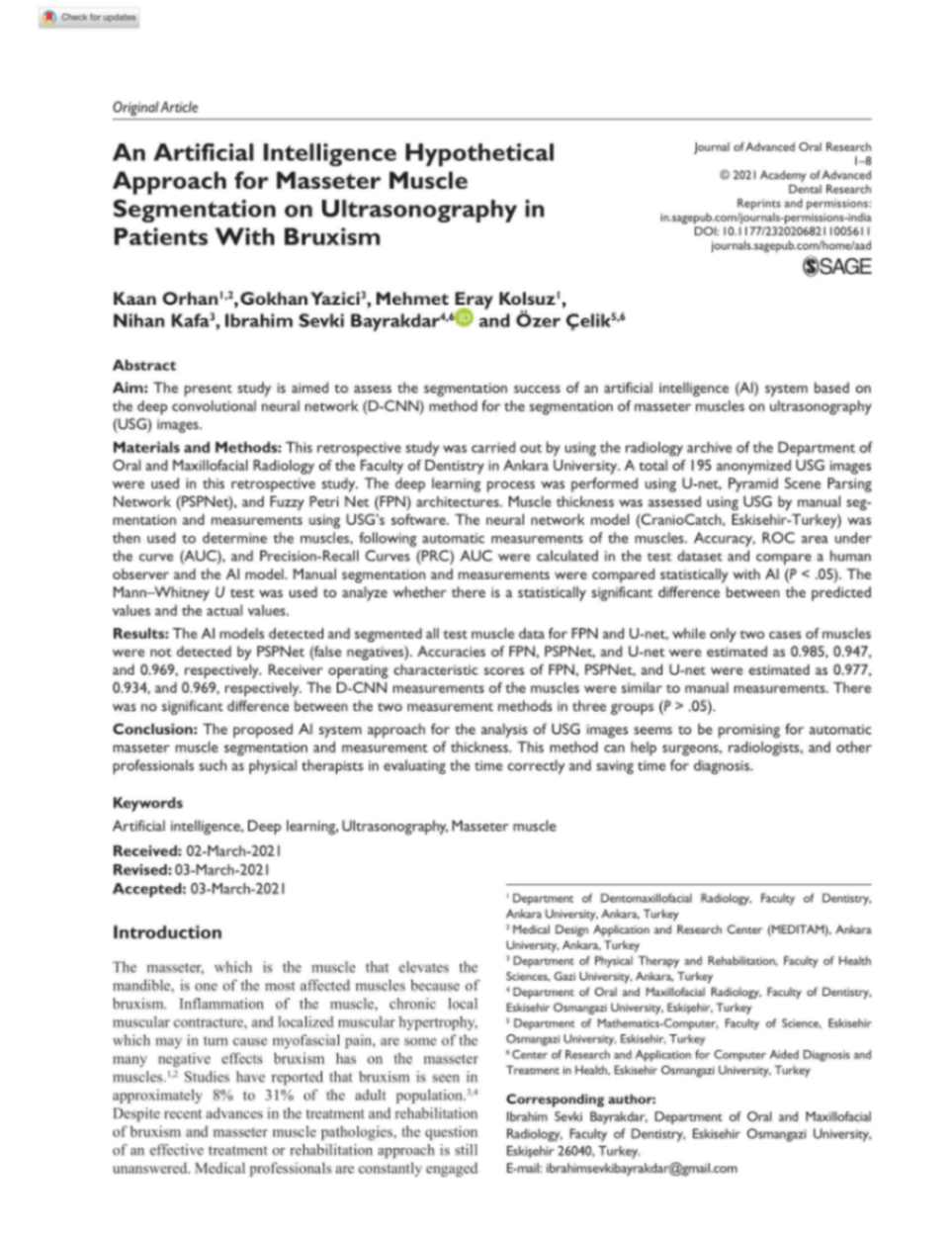 An Artificial Intelligence Hypothetical Approach for Masseter Muscle Segmentation on Ultrasonography in Patients With Bruxism