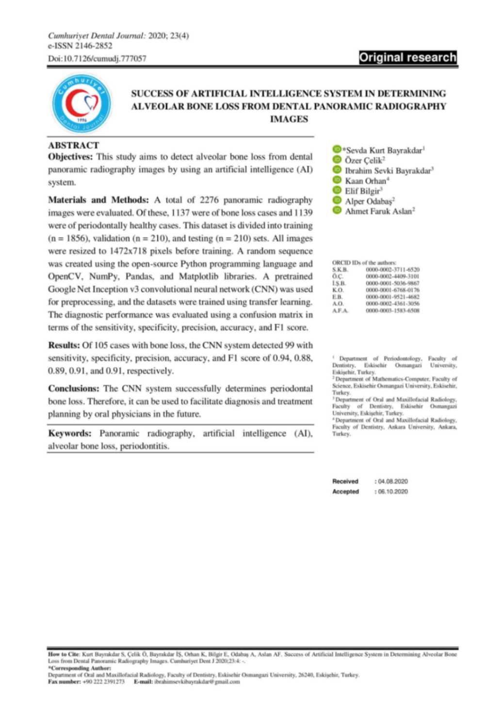 Success Of Artificial Intelligence System In Determining Alveolar Bone Loss From Dental Panoramic Radiography Images