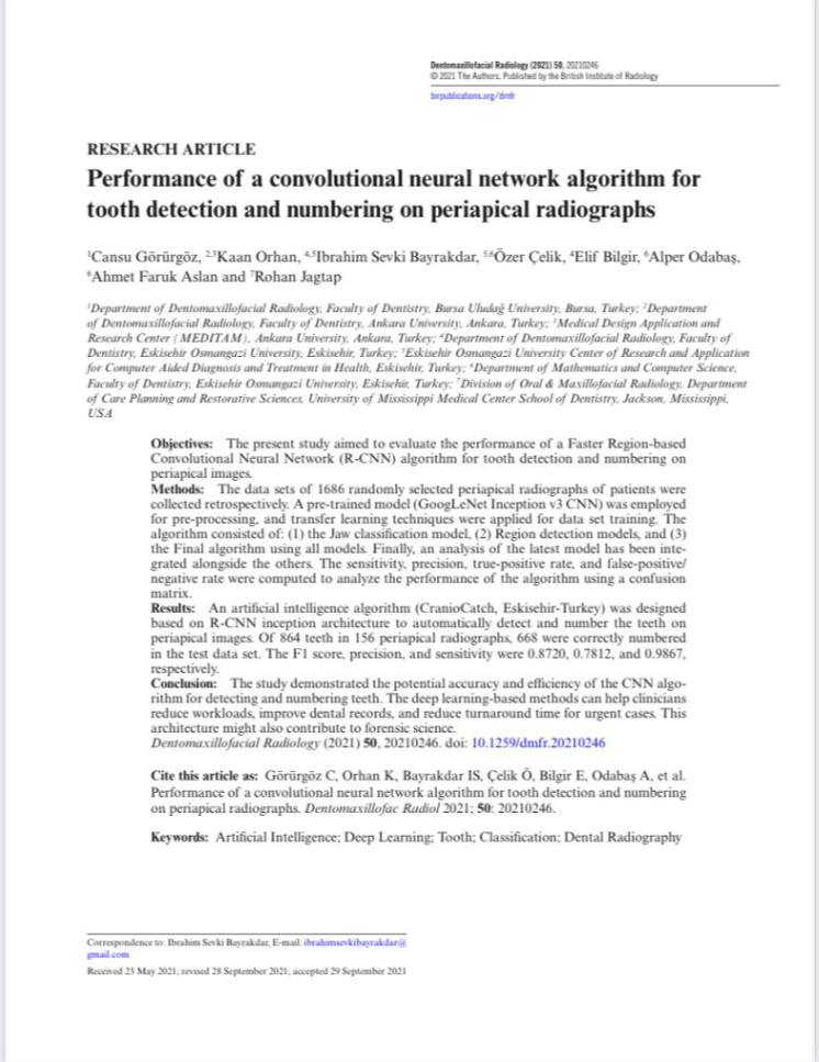 Performance of a convolutional neural network algorithm for tooth detection and numbering on periapical radiographs