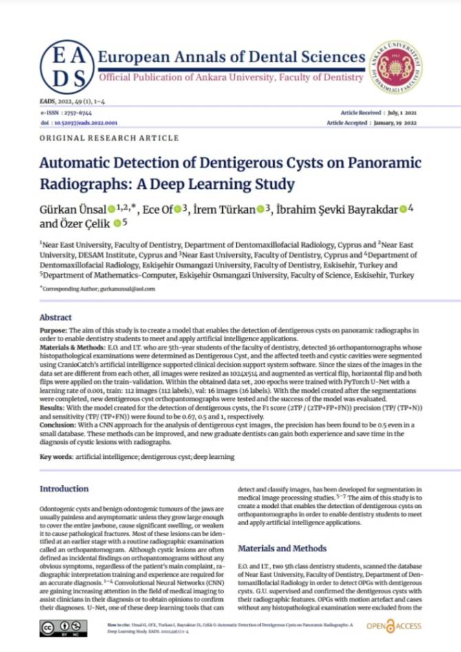 Automatic Detection of Dentigerous Cysts on Panoramic Radiographs: A Deep Learning Study