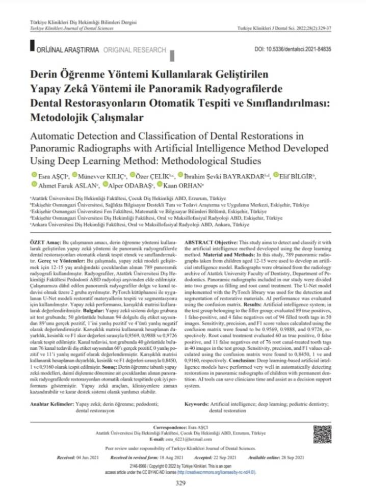 Panoramik Radyograflarda Diş Restorasyonlarının Otomatik Tespiti ve Sınıflandırılması için Derin Öğrenme Tabanlı YZ Yöntemi