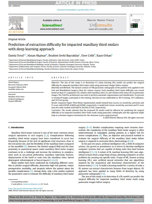 AI, Diş Çekim Zorluğunu Tahmin Ediyor: Çıkan Üçüncü Molarlarda Derin Öğrenme Kullanımı