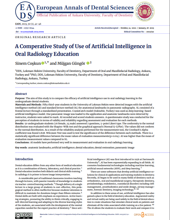 A Comperative Study of Use of Artificial Intelligence in Oral Radiology Education