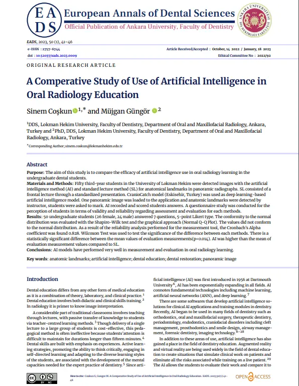 Yapay Zeka Kullanımının Ağız Radyolojisi Eğitimindeki Etkinliğinin Karşılaştırmalı Çalışması